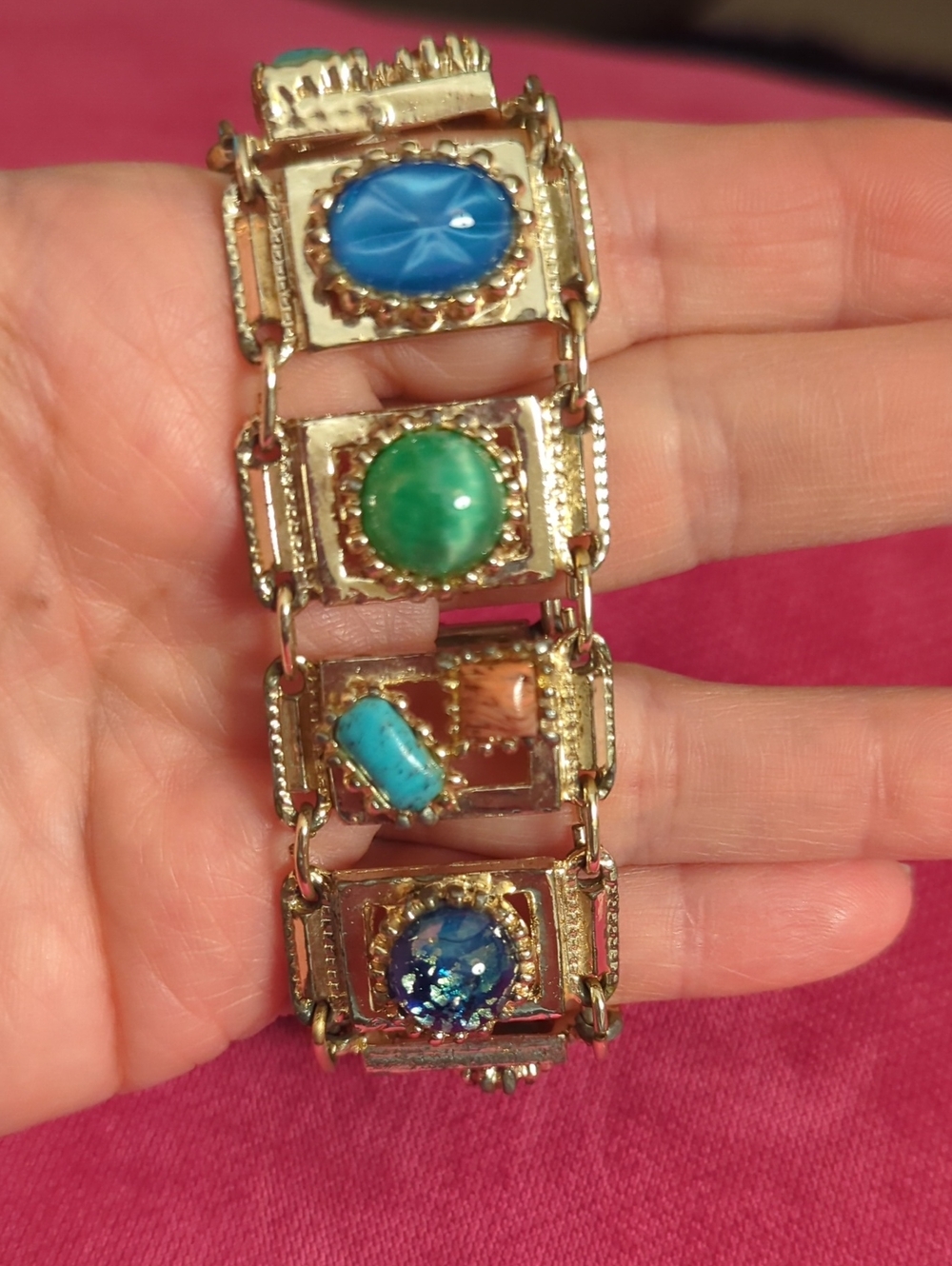 Gold-tone Multistone Link Bracelet with Multicolor Cabochons
